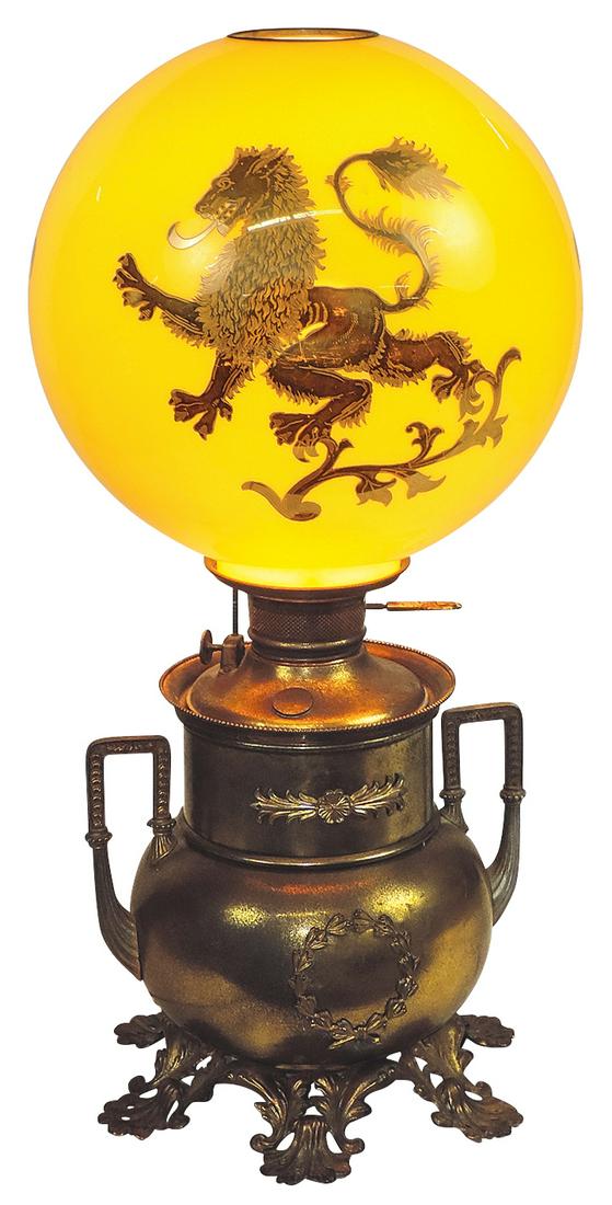 Lighting, Victorian parlor lamp, attributed to Bradley & Hubbard, brass handled & footed base (1 of 3)