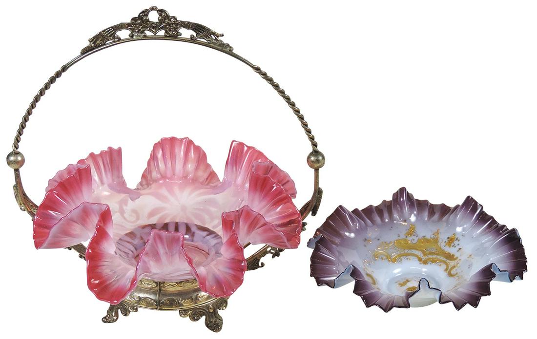 Art Glass Victorian Bride's Baskets (2), cranberry opalescent Daisy & Fern in associated silvered (1 of 1)