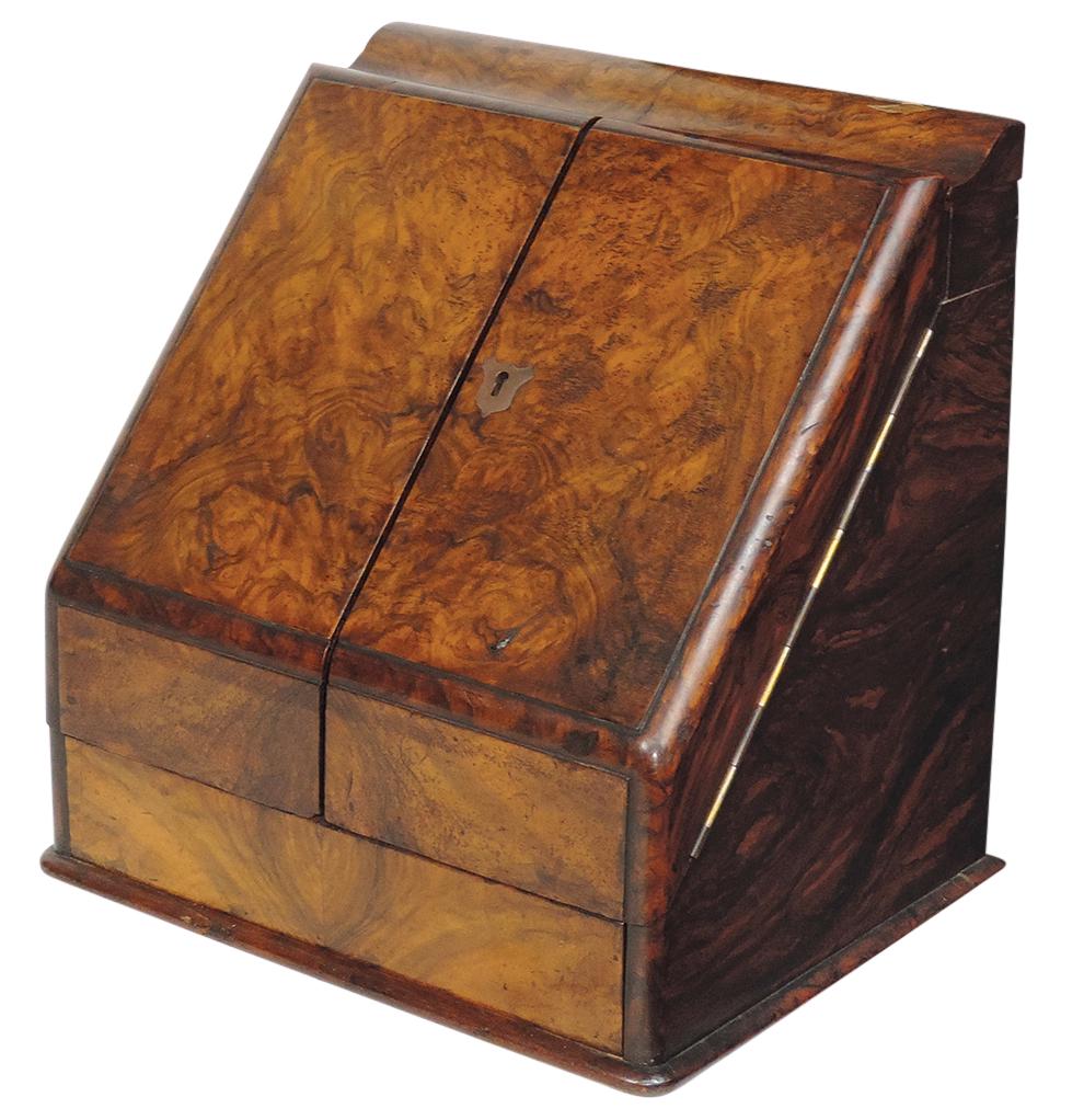 Furniture, rosewood writing cabinet, slant front w/burled panels, c.1860, well appointed interior (1 of 2)