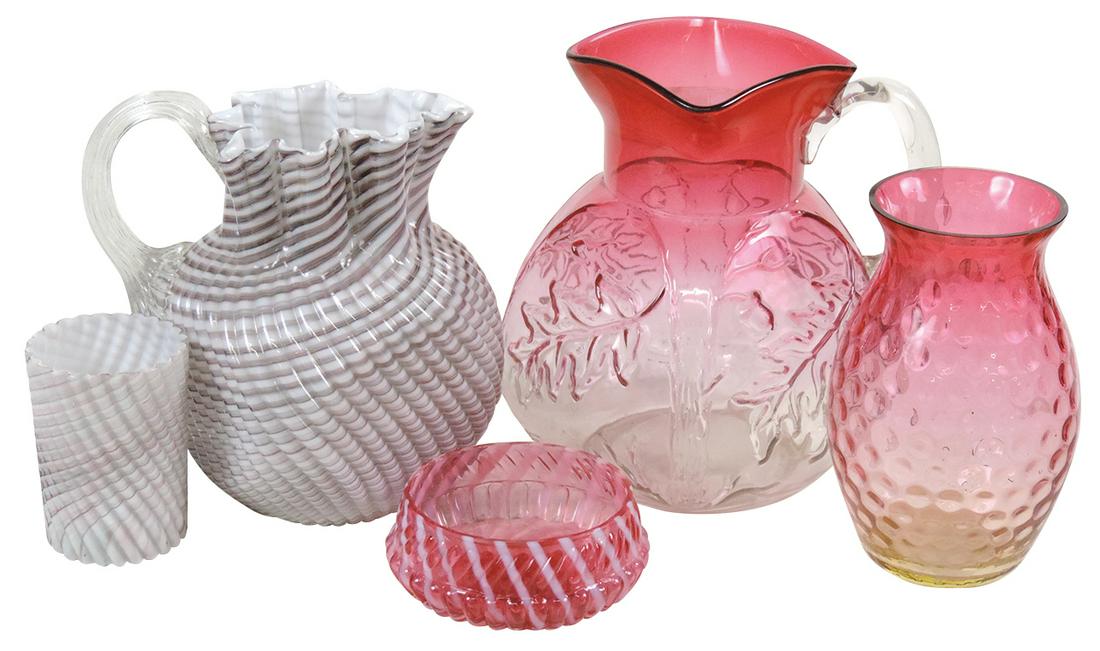 Art Glass Victorian Table Pieces (5), rubina acorn pitcher, amberina baby thumbprint vase, cranberry (1 of 1)