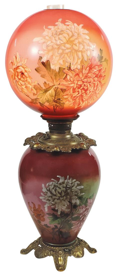 Lighting, GWTW-style kerosene lamp, hand-painted glass shade & matching base w/large Chrysanthemum (1 of 1)