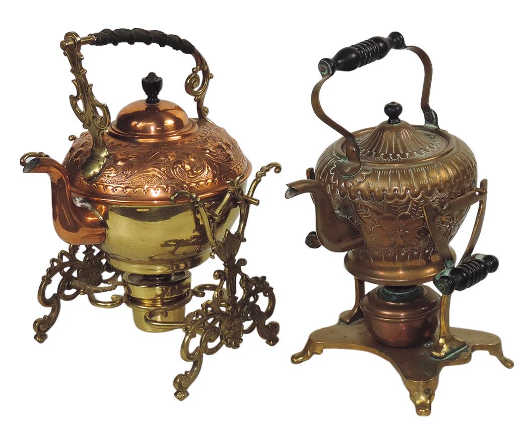 Metalware Hot Water Servers (2), repousse copper tilting kettles on brass stands w/burners, VG+ (1 of 1)