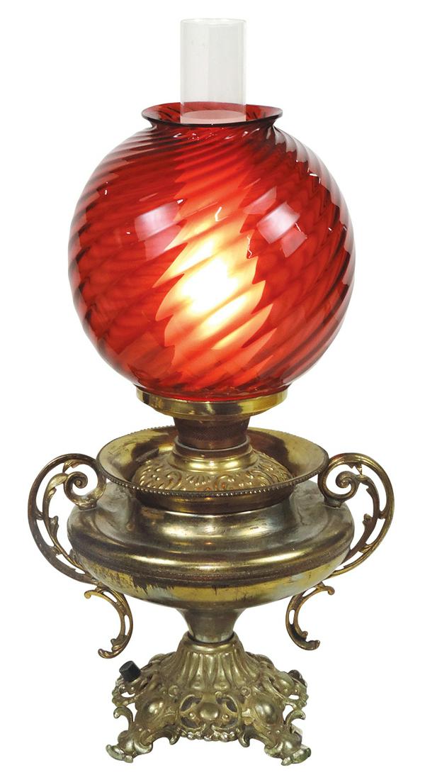 Lighting, Victorian parlor lamp, brass finished base w/handles & cranberry swirl shade, VG cond, (1 of 1)
