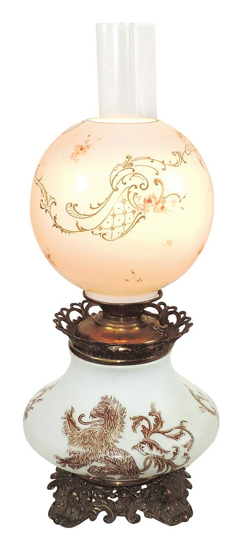 Lighting, Victorian parlor lamp, flared opalescent base w/Flemish Lion under Success burner & (1 of 1)