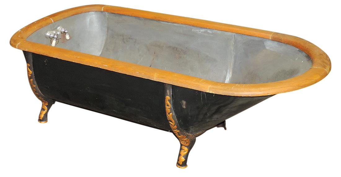 Victorian Bathtub, tin w/oak rail, ornate cast iron legs & orig faucet, VG cond, 20"H x 59"L x 28"W. (1 of 2)