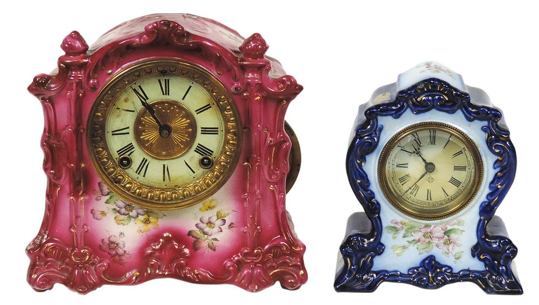 Clocks (2), Ansonia mantel, rose-shaded porcelain "Talisman" case w/keywind 8-day movement & chime & (1 of 1)