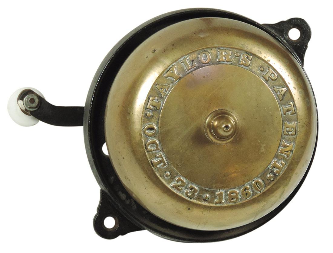 Victorian Crank Style Doorbell, Taylor's, pat'd Oct, 23, 1860, heavy embossed brass w/iron attaching (1 of 2)