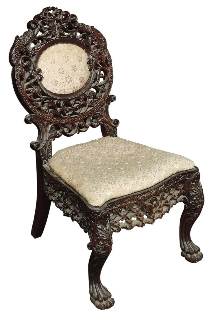 Furniture, Anglo-Indian carved parlor chair, 19th C., pierced-carved rosewood balloon back w/fully (1 of 1)