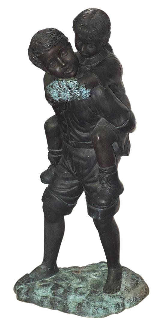 Garden Sculpture, Boy Giving Girl Piggyback Ride, bronze w/parcel verdigris, embossed medallion on (1 of 1)