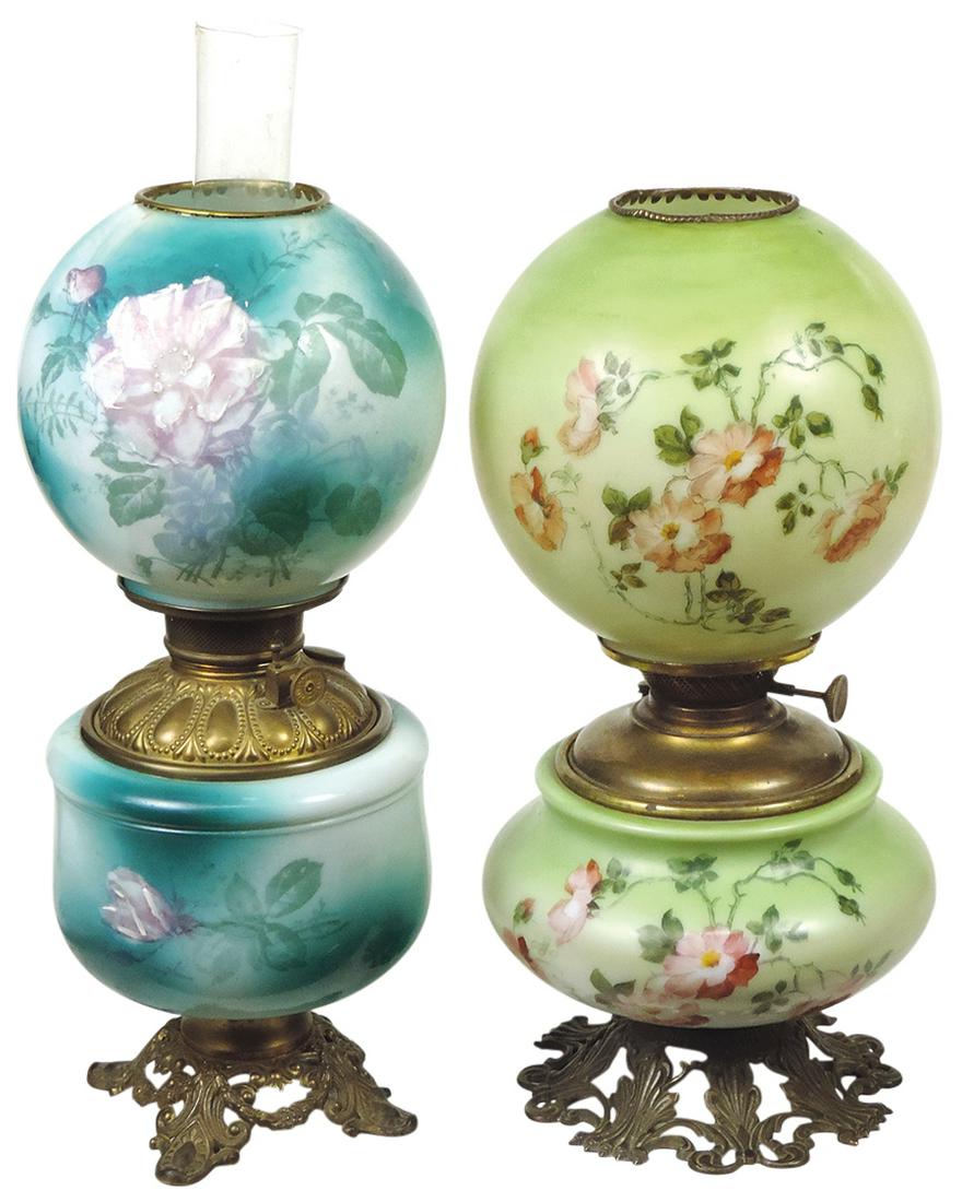 Lighting (2), Victorian parlor lamps, hand-painted opalescent fonts w/matching shades, 1 w/roses &: Lighting (2), Victorian parlor lamps, hand-painted opalescent fonts w/matching shades, 1 w/roses & other w/apple blossoms, VG+ cond, larger 18"H excl chimney.