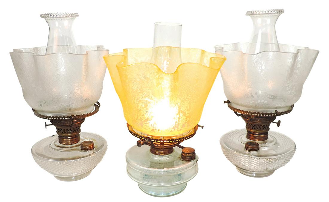 Lighting (3), bracket oil lamps, 2 w/matching diamond point fonts & etched shades, other w/etched (1 of 1)