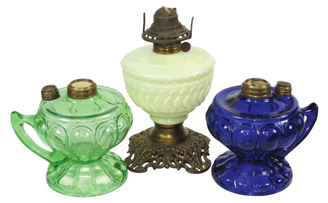 Lighting (3), pressed glass oil lamps, Custard Glass w/overlapping scallop pattern on bronze base & (1 of 1)