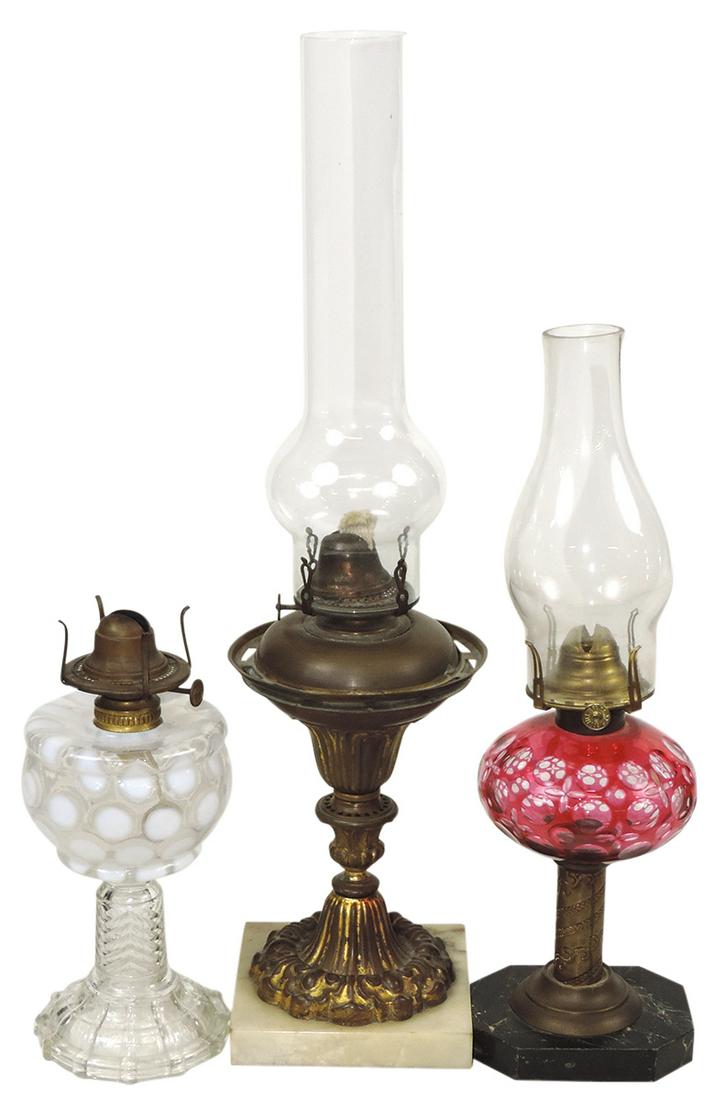 Lighting (3), Victorian oil lamps, ruby flashed cut w/thumbprints on metal & marble base & (1 of 1)