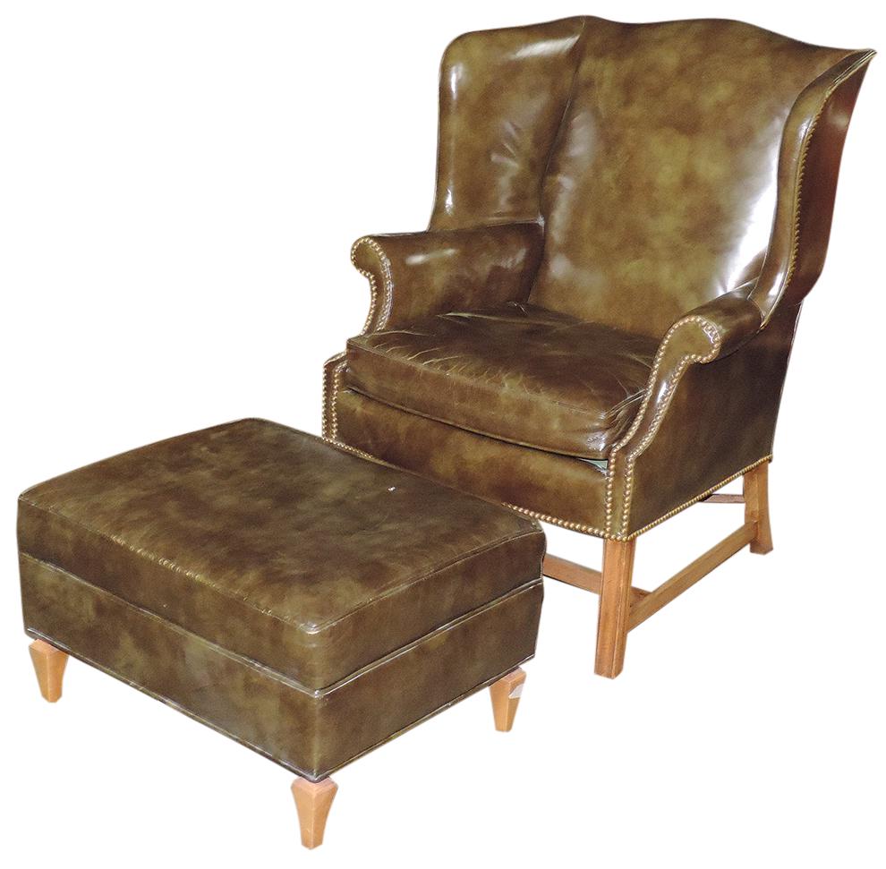 Furniture, Early American style wingback armchair, leather upholstery by Heritage w/matching (1 of 1)