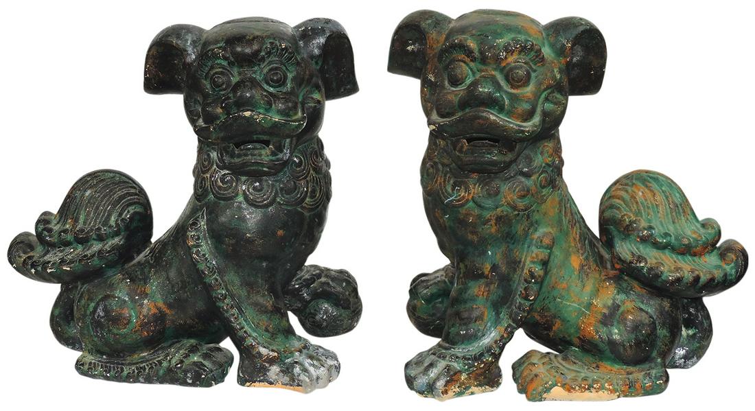 Chinese Arts (2), Pr Sanci glazed pottery Temple Lions or Foo Dogs, VG cond w/wear & nicks, 16"H. (1 of 1)