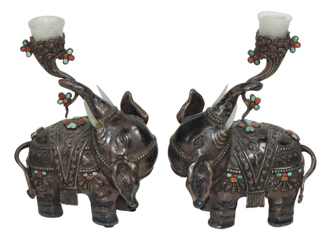 Chinese Arts (2), pair of silvered & white jade mounted elephant candle holders, ea of opposing form (1 of 1)