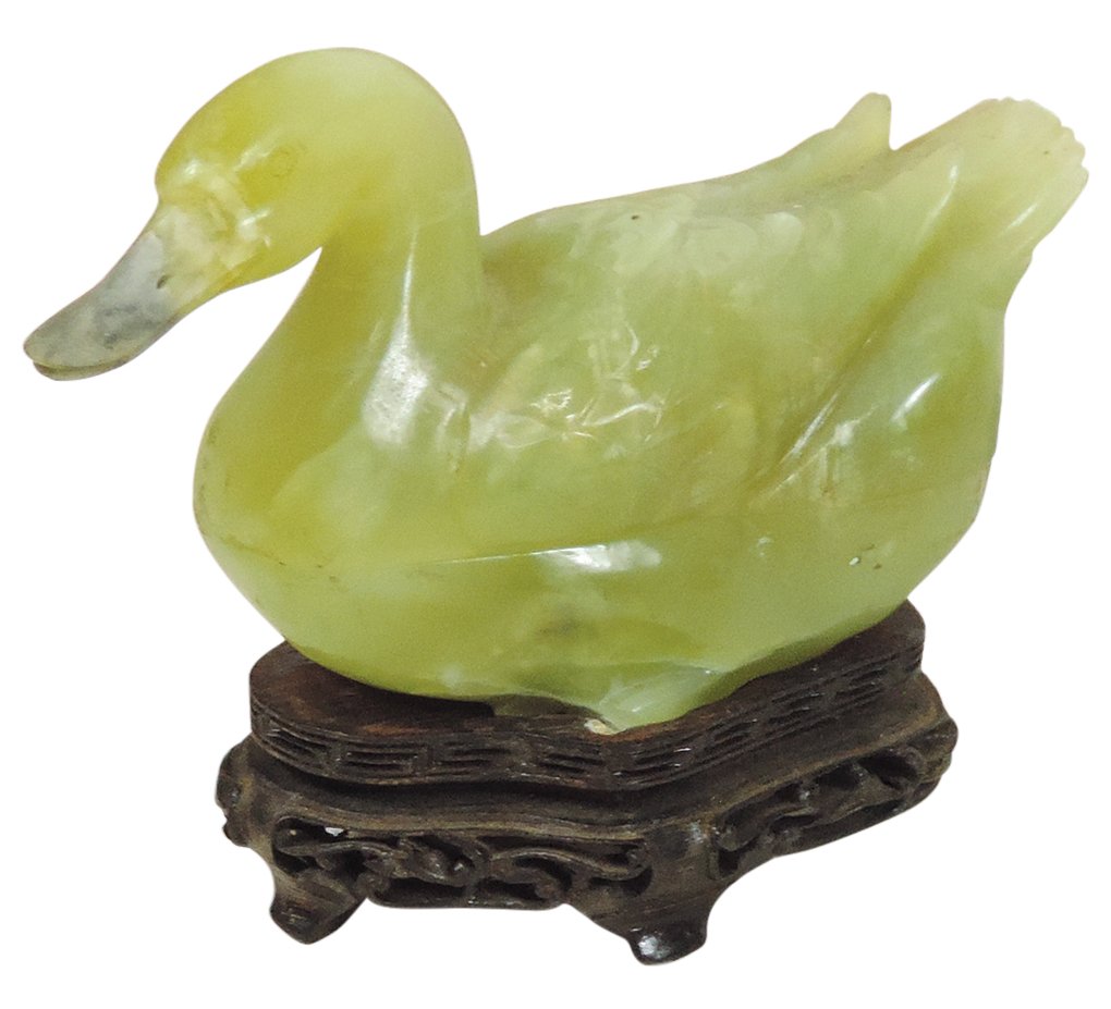 Chinese Carved Celadon Jade Duck Box, 2-pc finely carved semi-translucent jade w/gray russet beak, (1 of 1)