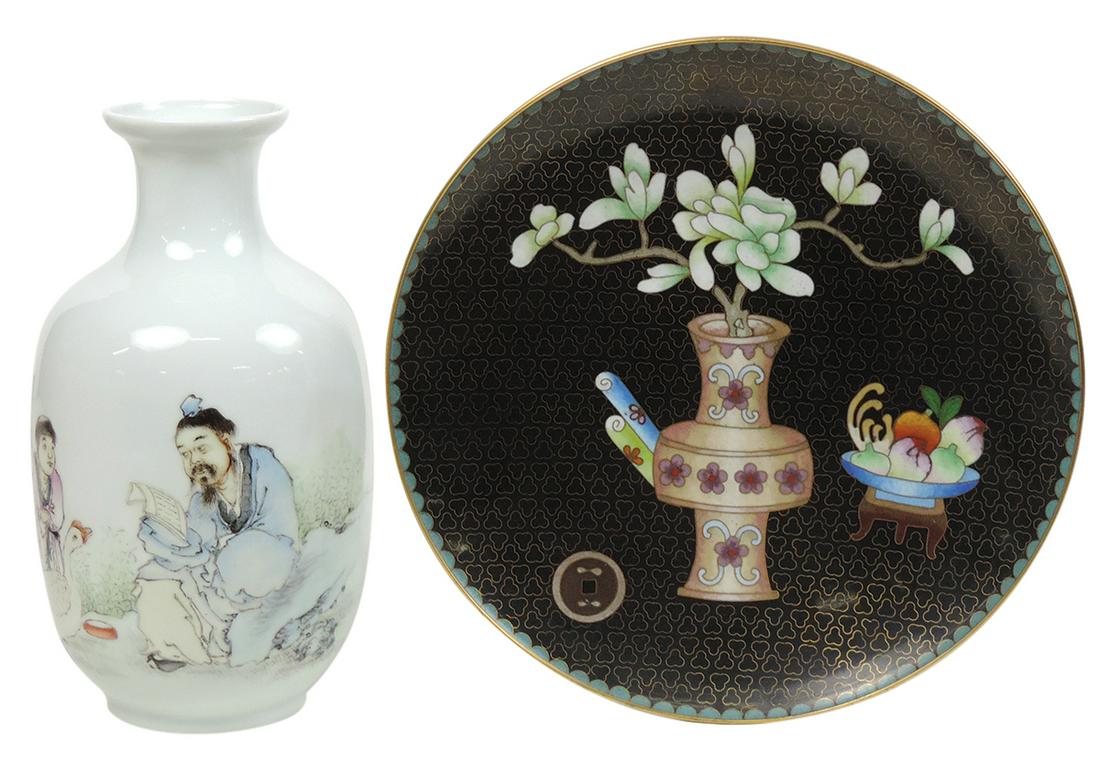 Chinese Decorative Art (2), porcelain vase w/figures & inscription plus gilt bronze cloisonnÃ© (1 of 6)