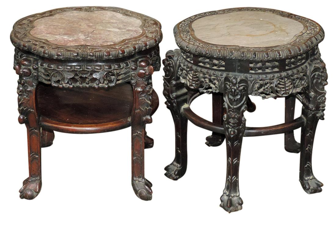 Furniture, Chinese Export carved lamp tables (2), rosewood w/inset marble tops, ea w/similar carved (1 of 1)