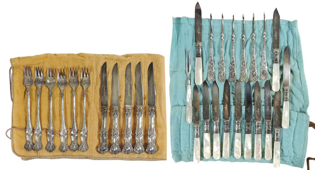 Flatware, most w/mother of pearl handles (30), 11 "1847 Rogers Bros" silver-plated knives & forks, (1 of 2)