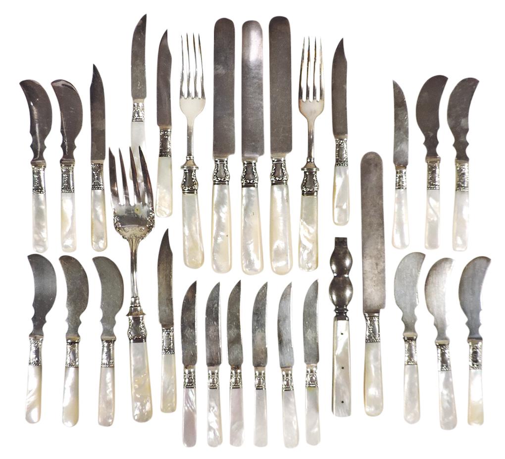 Flatware w/mother of pearl handles (30), assorted tableware, incl Landers, Frary & Clarke dinner: Flatware w/mother of pearl handles (30), assorted tableware, incl Landers, Frary & Clarke dinner knives & forks, serving fork, hinged nutcracker, 6 Mandel Bros. & 4 Landers, Frary & Clarke (monogramme
