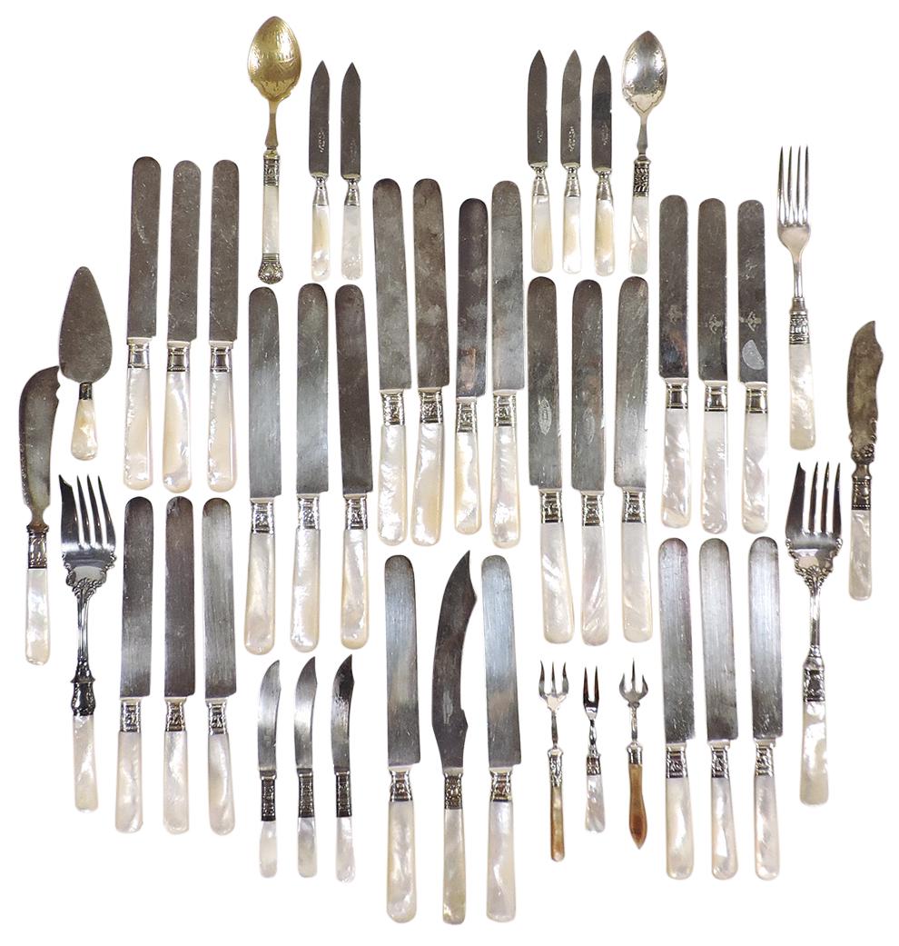 Flatware, most w/mother of pearl handles (44), knives incl Landers, Landers, Frary & Clarke, 1857 (1 of 3)