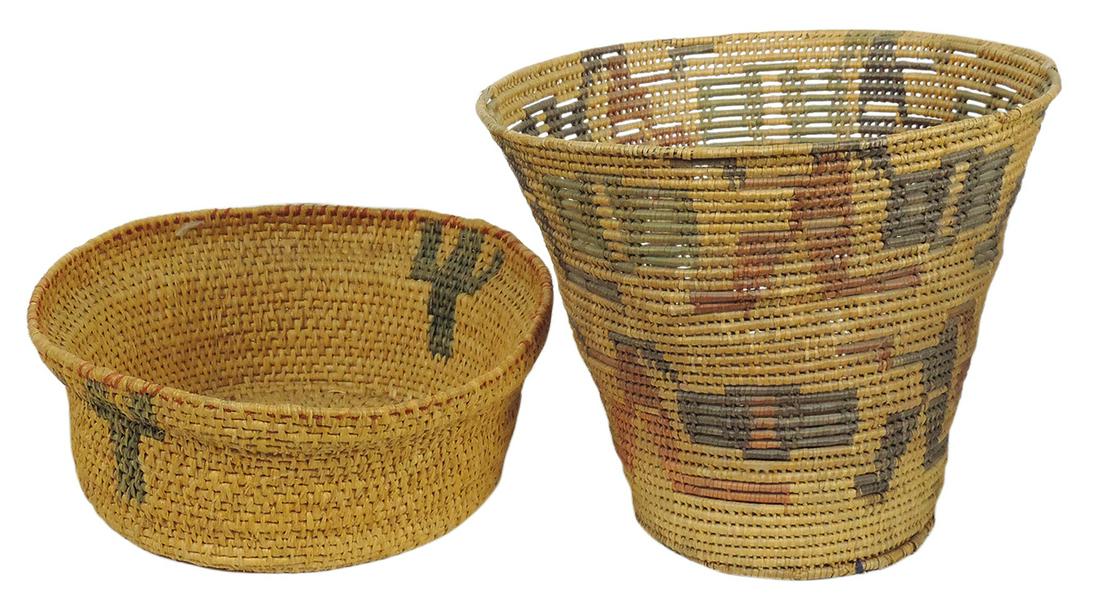 Native American Papago Baskets (2), 1 w/designs of kneeling figures shooting & other w/cactus, Good+ (1 of 1)