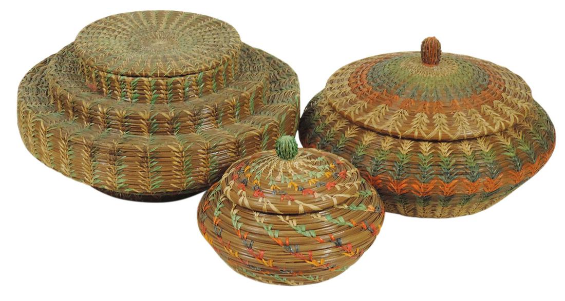Native American Pine Needle Baskets (3), coiled needles woven w/colored sweetgrass & matching lids, (1 of 1)