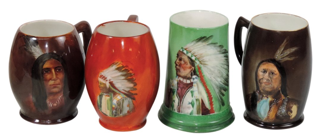Native American Portrait Belleek Porcelain Mugs (4), 2 artist-painted Lenox, artist-painted Willets (1 of 2)