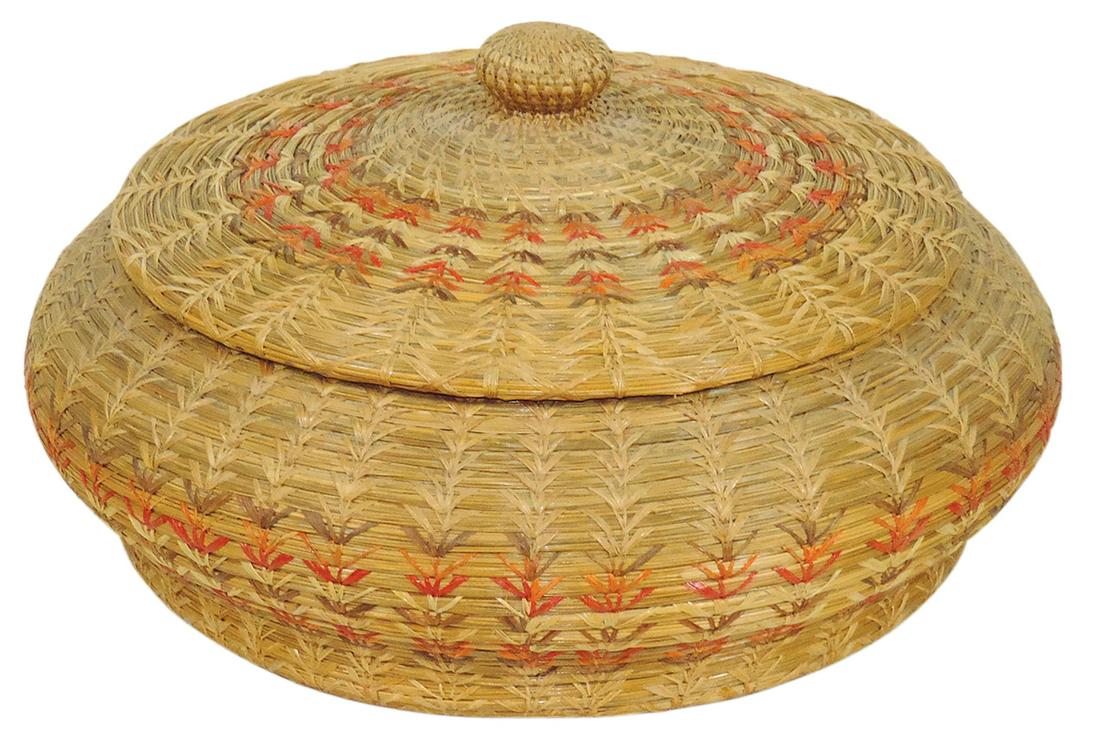 Native American Sweetgrass Lidded Basket, coiled w/colored weavings, Exc cond, 16"Dia. (1 of 2)