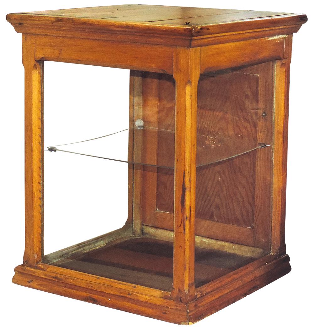 Store Display Case, pine countertop w/3 glass panels & hinged door, later Plexiglas shelf, Good+ (1 of 1)