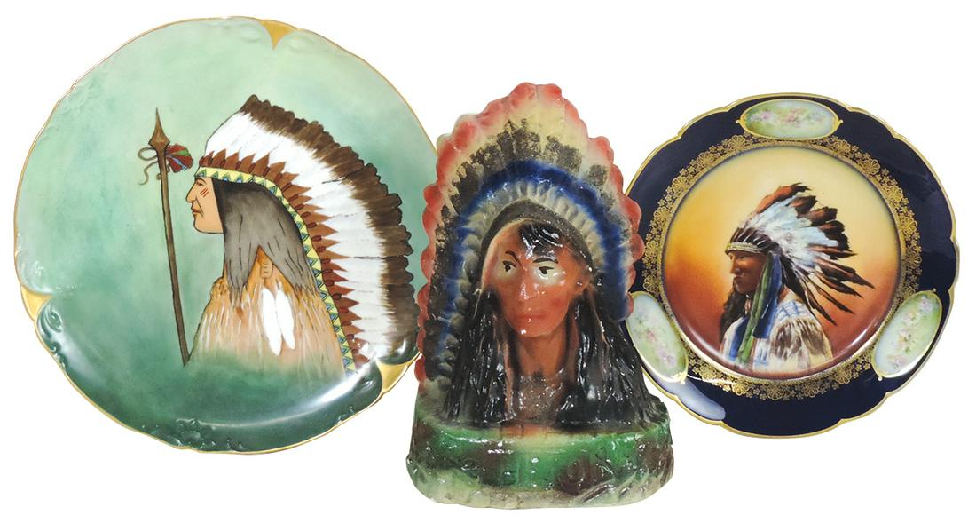 Native American Theme Ceramics (3), Limoges porcelain portrait plate & artist-painted charger plus (1 of 1)