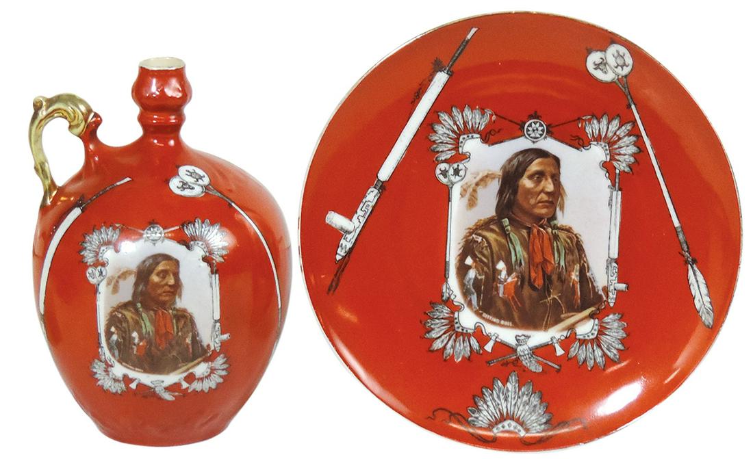 Native American Theme Porcelain (2), whiskey jug & plate w/matching transfer portraits by Royal Saxe (1 of 2)