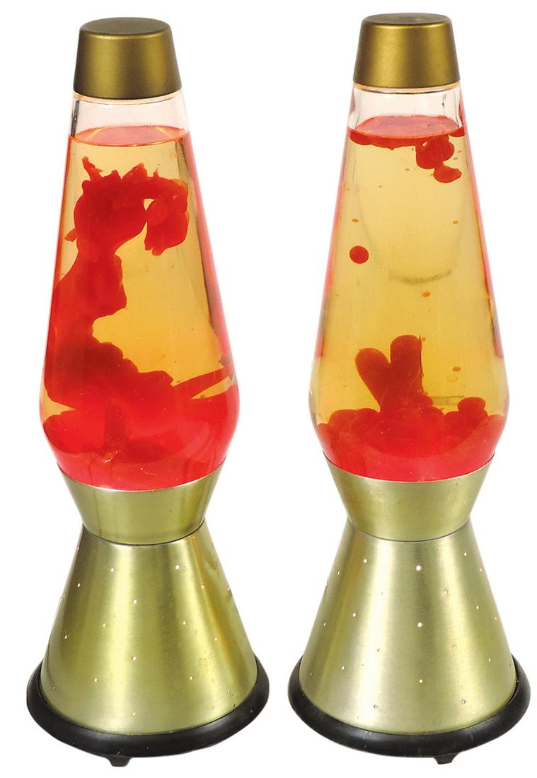 Mid-Century Modern Lamps (2), matching Lava lamps w/coral colored wax, dated June & Sept 1973, VG (1 of 1)