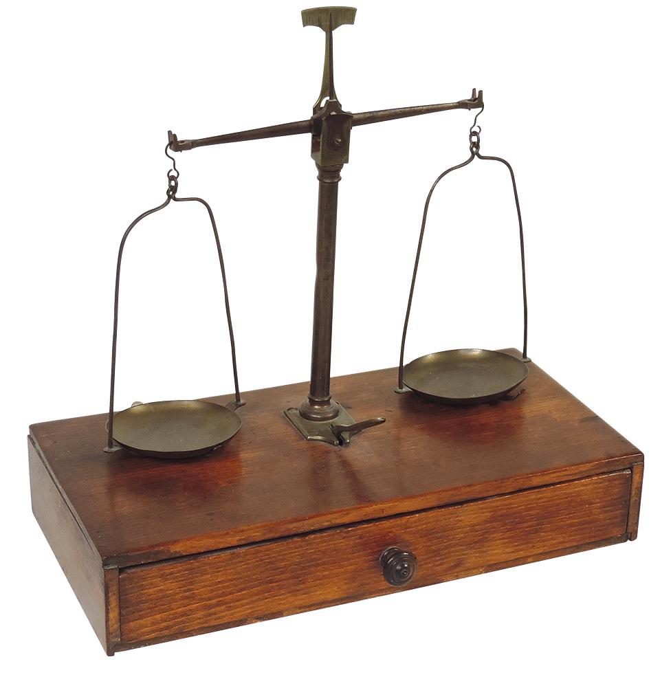 Watchmaker Gold Scale, 19th C. wood & brass balance beam w/cased set of gram weights & set of flat (1 of 1)