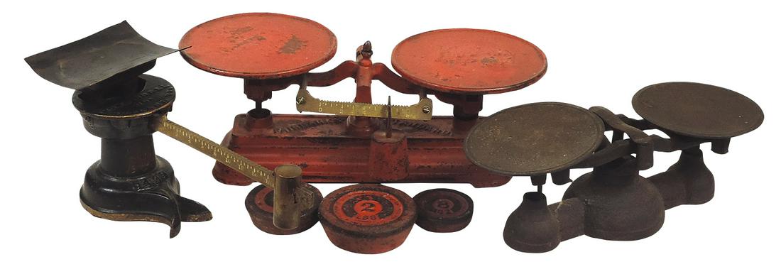 Counter Scales (3), cast iron Howe #5343, red Fairbanks Standard & unmarked, Good+ to VG cond, (1 of 1)