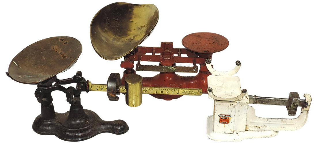 Counter Scales (3), Detecto & Jones of Binghamton, cast iron & pressed steel Triner, Good+ to VG: Counter Scales (3), Detecto & Jones of Binghamton, cast iron & pressed steel Triner, Good+ to VG cond, largest 18"L.