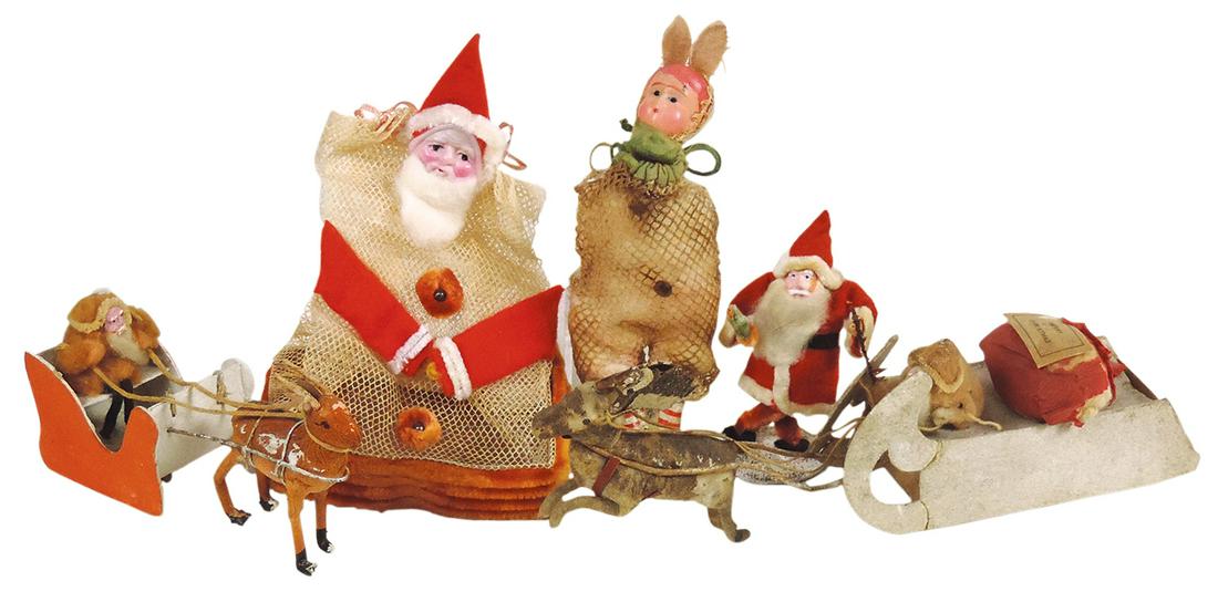 Santa Claus Novelties (5), 2 spun cotton Santas w/composition faces in sleighs, one w/spun reindeer, (1 of 1)