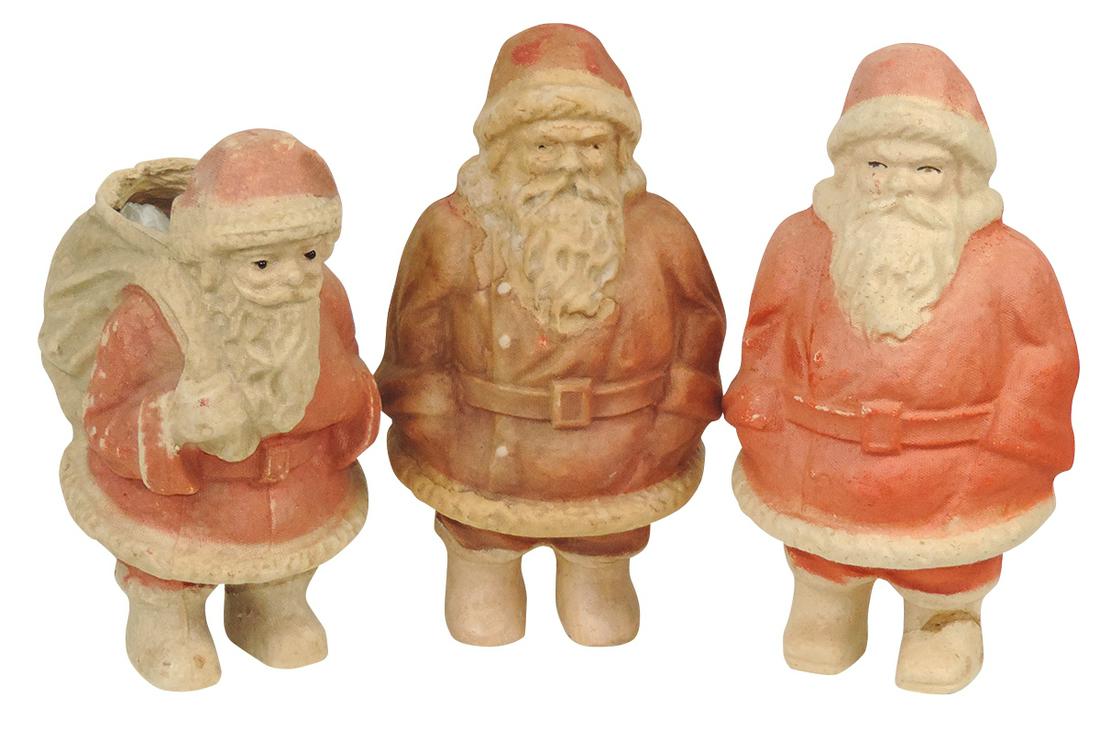 Santa Claus Figures, pressed paper, one w/glass eyes & open sack container, VG cond, 10"H. (1 of 1)
