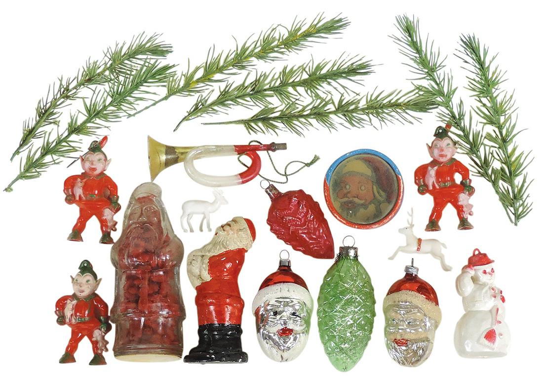 Christmas Ornaments, various glass & plastic vintage ornaments, 2 Rosbro 3" hard plastic elves, (1 of 1)