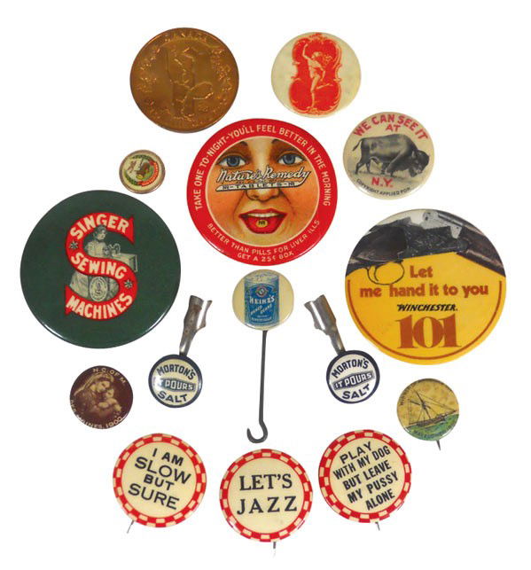 Advertising pinbacks, pocket mirrors, etc. (15 pc: Advertising pinbacks, pocket mirrors, etc. (15 pcs), includes Nature's Remedy & Singer Sewing Machines pocket mirrors, Winchester 101 pinback, comical buttons, etc., all in VG cond, largest is 2.25"Di