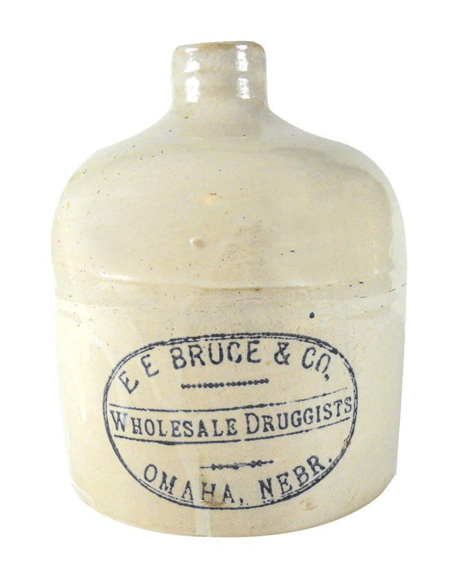 Stoneware jug w/advertising from E.E. Bruce & Co: Stoneware jug w/advertising from E.E. Bruce & Co. Wholesale Druggists, Omaha, Nebr., Exc cond, 8"H.