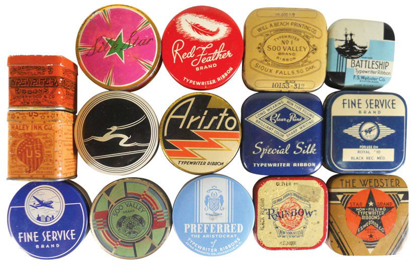 Typewriter ribbon tins, Silk Star, Soo Valley, Ra: Typewriter ribbon tins, Silk Star, Soo Valley, Rainbow & other brands, 7 round, 6 square & 2 rectangular, all w/lids, VG-Exc cond, up to 2"H.