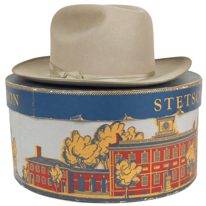 Hat, Stetson 3X Beaver Quality in orig box, shows: Hat, Stetson 3X Beaver Quality in orig box, shows "The Open Road" and "The New Utica, Des Moines" on inner rim, appears to have never been worn, hat in Exc cond but box shows some wear on lid, box is 