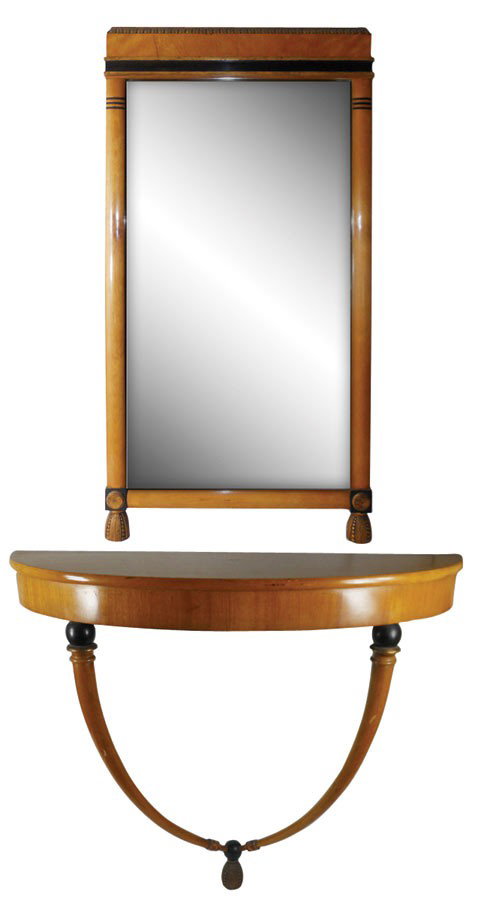 Furniture, Art Deco wall mirror & half-round shel: Furniture, Art Deco wall mirror & half-round shelf, flaming birch or maple w/ebonized details, tassel trim, high style, VG cond w/orig surface, mirror is 35"H x 18"W & shelf is 27"H x 29"W.