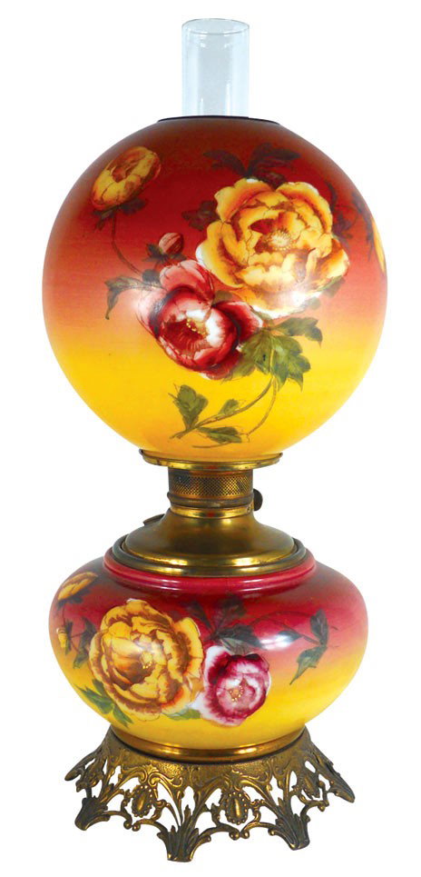 Victorian Gone-With-The-Wind oil-burning lamp, be: Victorian Gone-With-The-Wind oil-burning lamp, beautiful floral design w/hand-painted details both front & back, 1895 patent date on fuel reservoir, Exc cond, 23.5"H x 9.5"Dia.