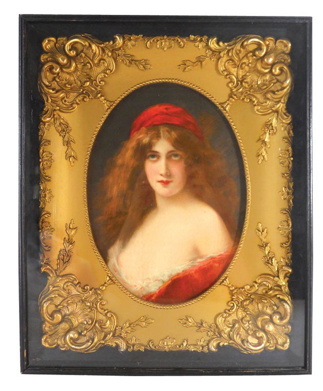 Victorian woman print in ornate gold frame in bla: Victorian woman print in ornate gold frame in black wood shadow box, VG to Exc cond w/small defect on shoulder, 18"H x 15"W.