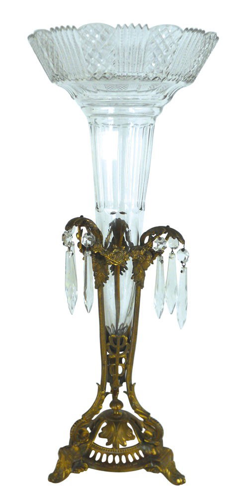 Epergne, flared cut glass vase in brass holder, g: Epergne, flared cut glass vase in brass holder, glass prisms hang from leaves, 1 small chip at top of insert rim o/wise Exc cond, 20.5"H.
