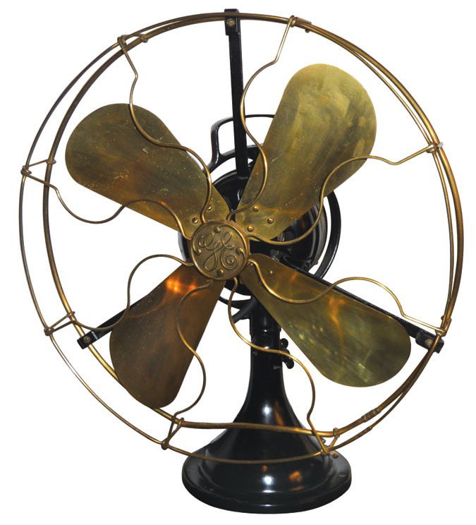General Electric fan, 3-speed 4 brass blades w/br: General Electric fan, 3-speed 4 brass blades w/brass cage, works well on 2 speeds, o/wise Exc cond, 20"H x 17"Dia.