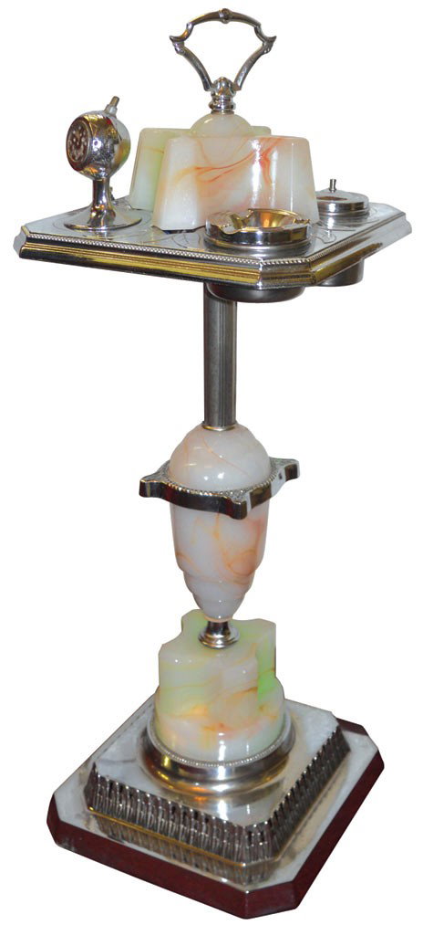Smoking stand w/light-up onyx top & bottom, compl: Smoking stand w/light-up onyx top & bottom, complete w/lighter, Exc restored cond, 30"H x 11"Sq.